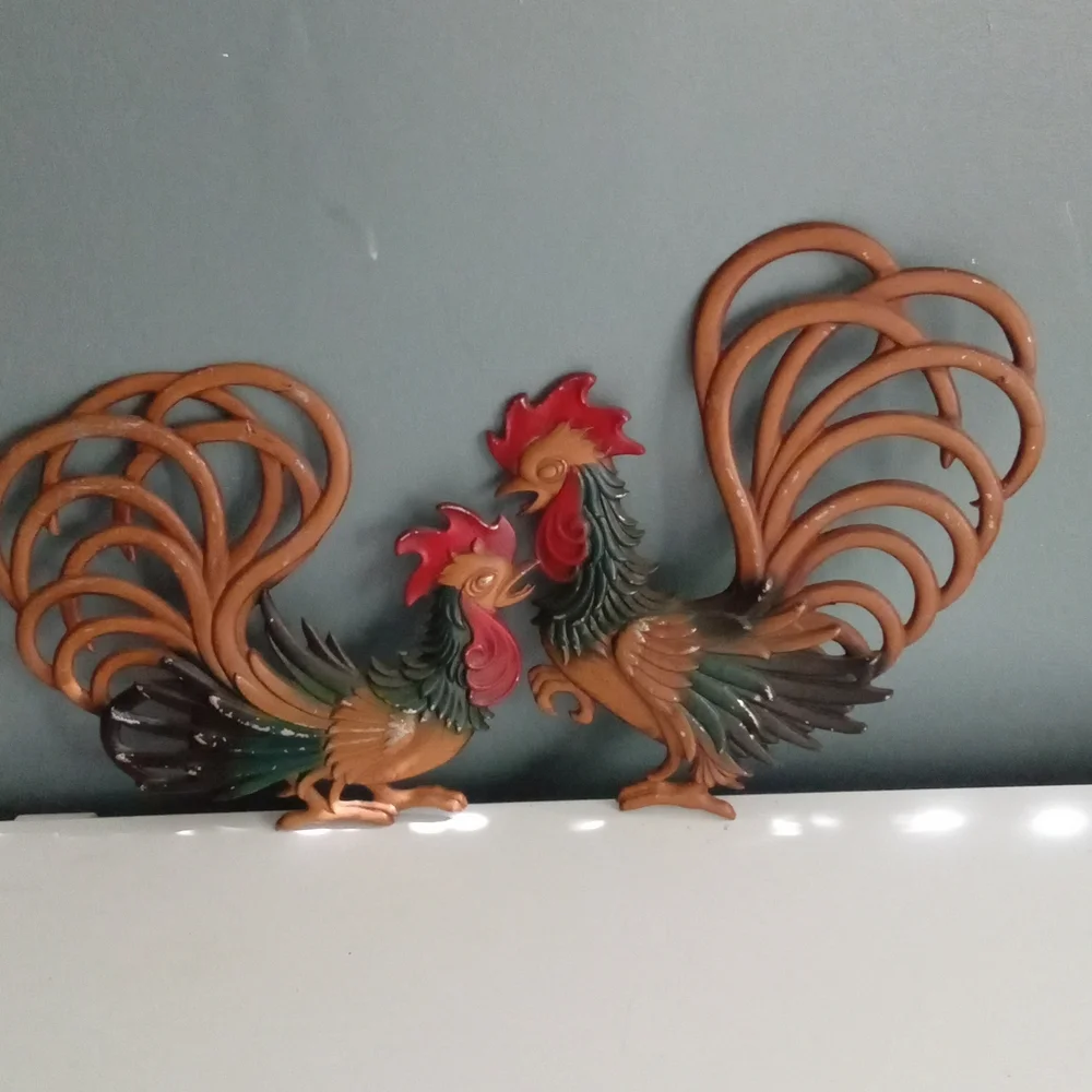 Vintage Metal Rooster Pair Wall‎ Decor Farmhouse Country Garden Art